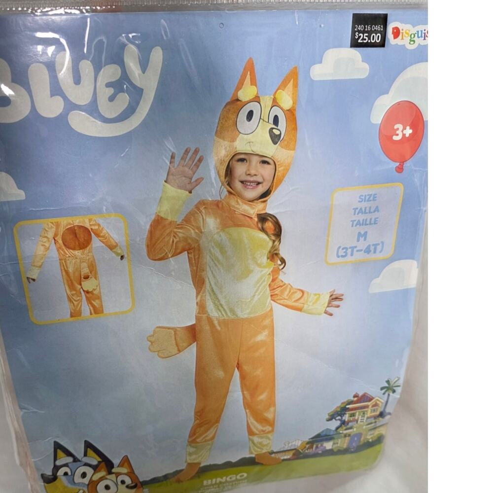 Bluey Bingo Costume Toddler M 3T-4T Orange Jumpsuit With Tail Headpiece